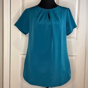 Outfitters Lands End Top Teal Blue Zip Back Pleated Neck Detail Short Sleeve, 4
